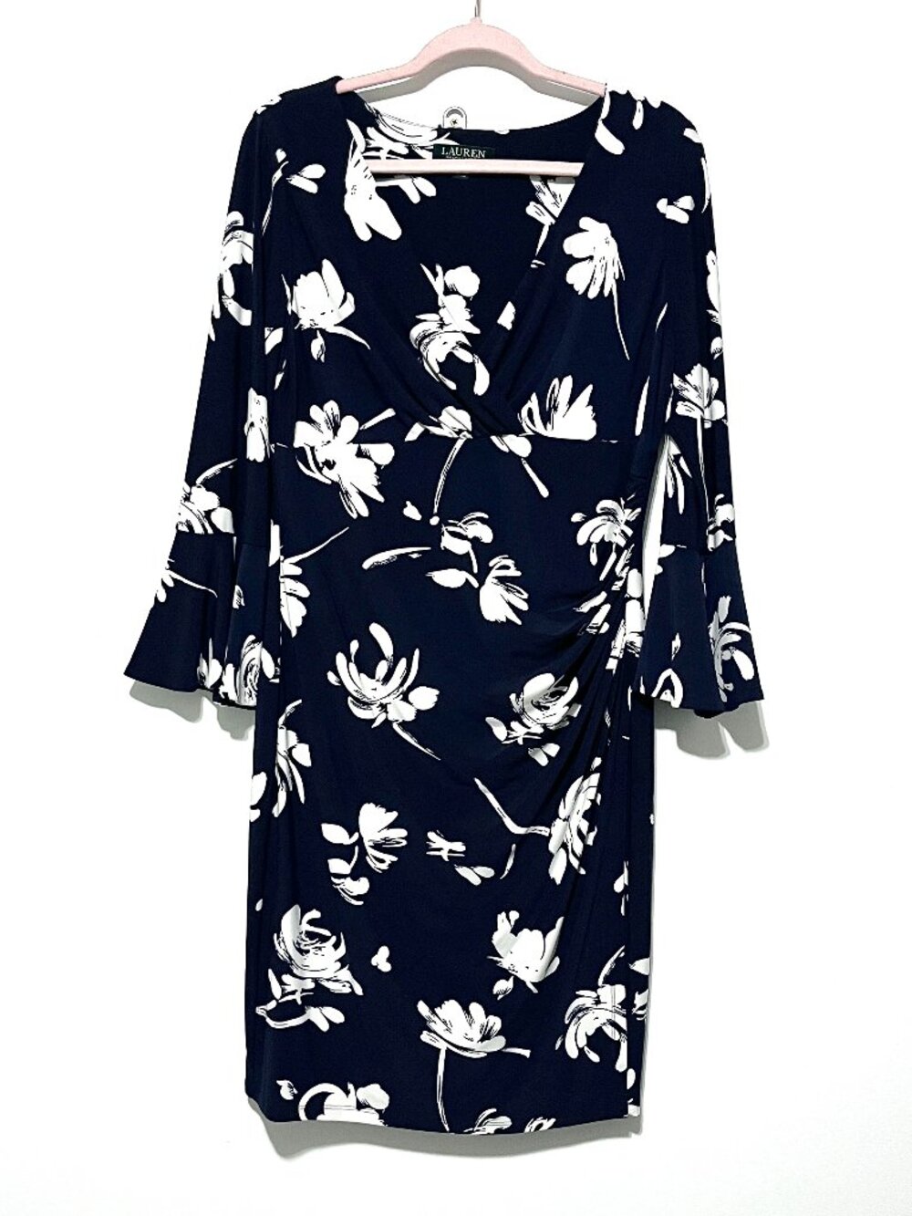 LRL Ralph Lauren Womens Flare Sleeve Wrap Dress 14 Navy Dark Floral Professional
